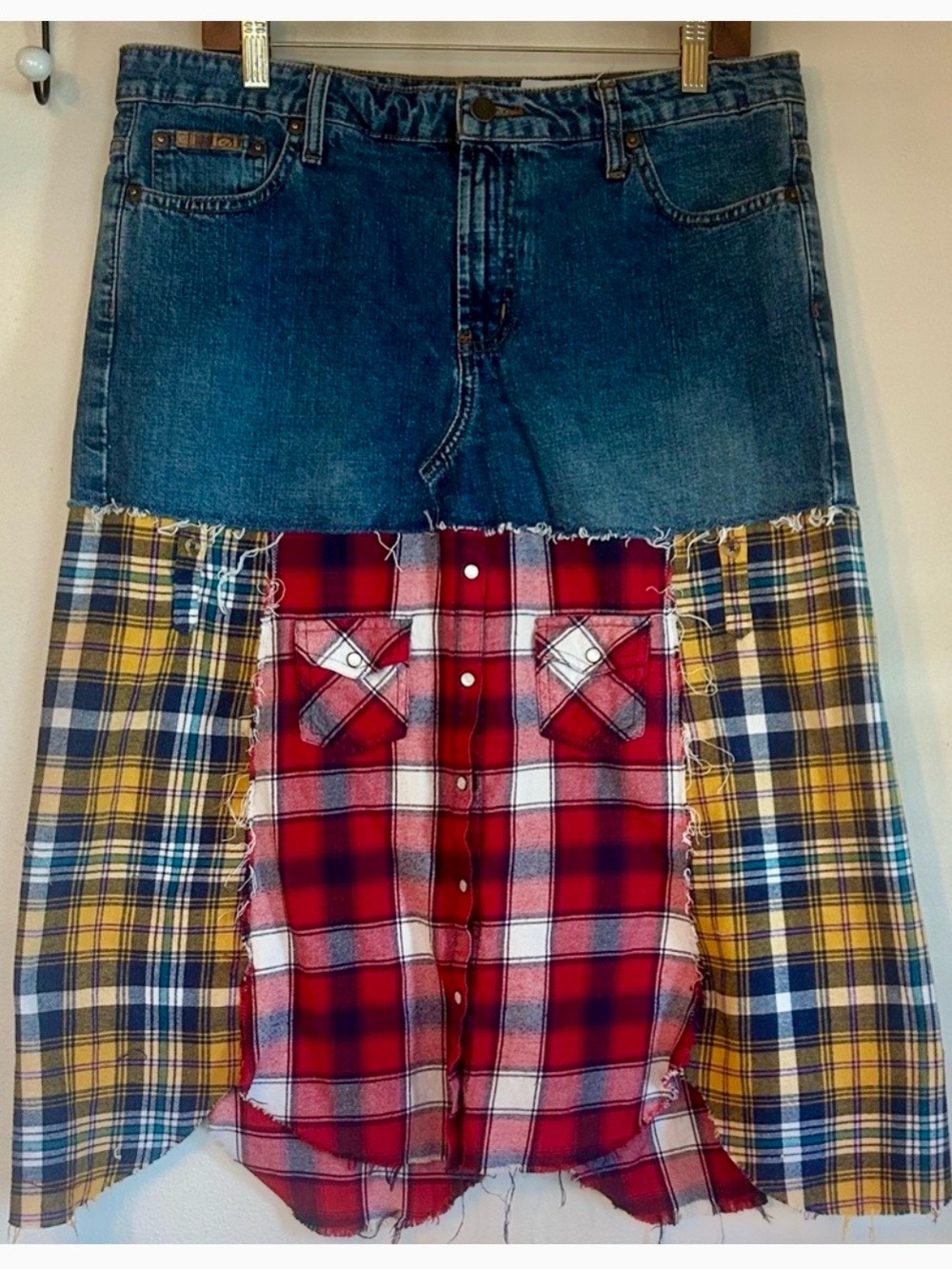 Upcycled denim and flannel shirt skirt